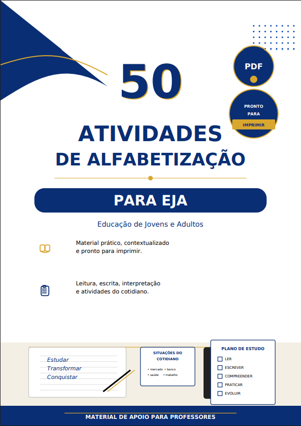 Capa do material 50 Atividades de Alfabetiza&ccedil;&atilde;o para EJA