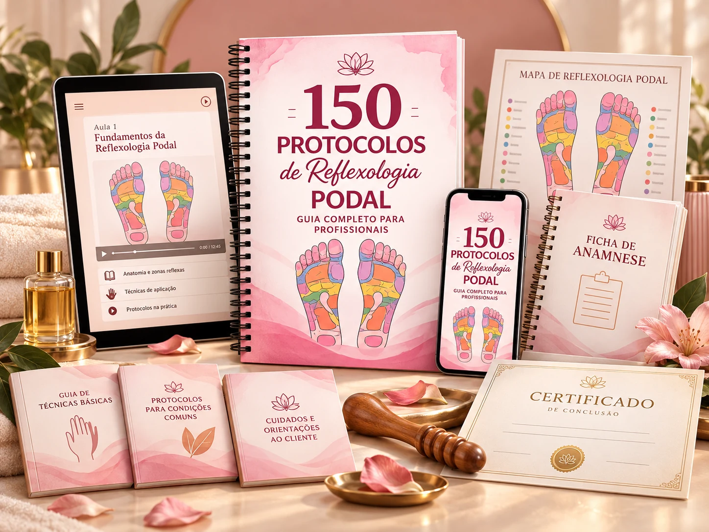 Pacote Premium de Reflexologia Podal com 150 protocolos, mapa dos pés, anamnese, bônus e certificado